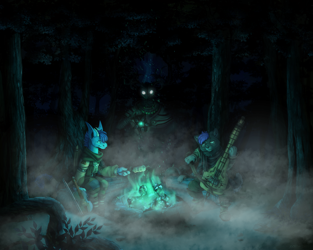 A dark scene showing Scaltrox and s0ph0s sitting on logs at a campfire in the woods.  The campfire flames are an eerie green.  Scaltrox is roasting two marshmallows on the campfire.  s0ph0s is playing a bizarre string instrument using a bow that looks to be made from an antler (one of the Pursuers' cello-things).  Both are wearing space suits adapted for anthro bodies, and appear frightened.  Behind them, an owl/deer creature (a Pursuer) is stalking up to them out of the fog, holding a strange lantern-like device.