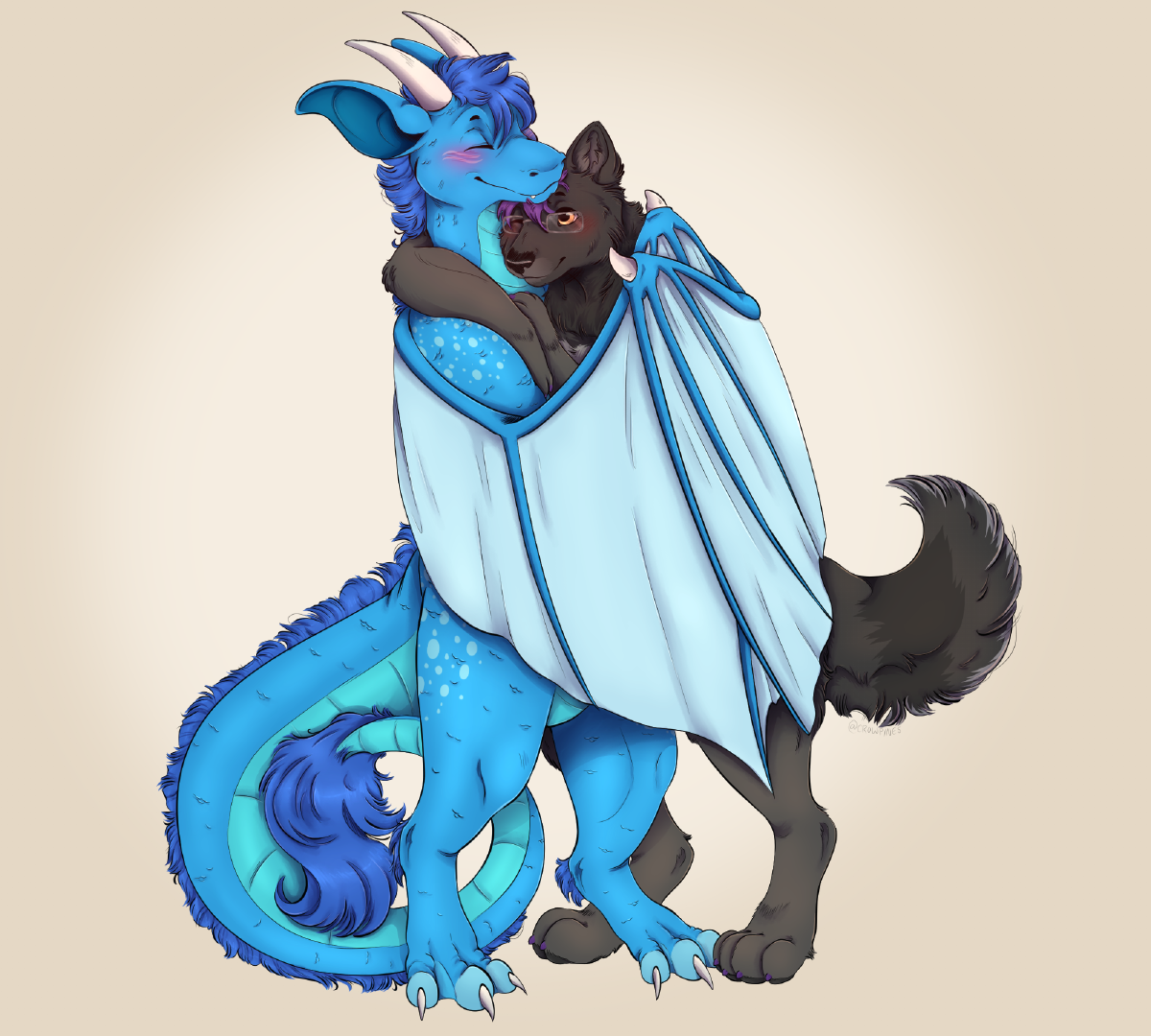 A blue dragon wraps his wings around a dark-furred wolf in a warm, loving embrace.