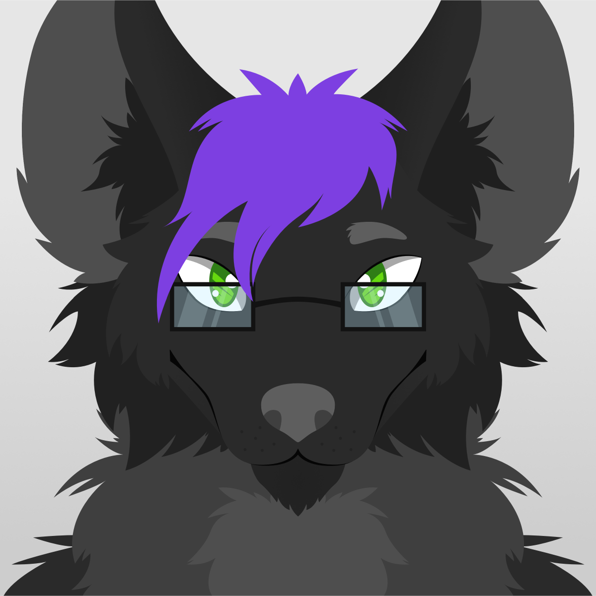 A front view of a dark-furred wolf that is mostly symmetrical.  The wolf has bright green eyes, rectangular glasses, and a lot of neck fluff.  A shock of bright purple hair breaks the symmetry and falls over the left side of his head.