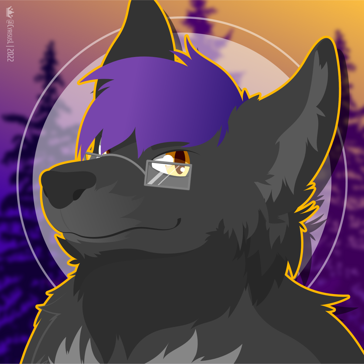 A three-quarters view of a dark-furred wolf with purple hair looking to the viewer's left.  The wolf has golden eyes, rectangular glasses, and a lot of neck fluff.  Behind the wolf are three blurred pine trees in silhouette, with a sunset-hued sky.